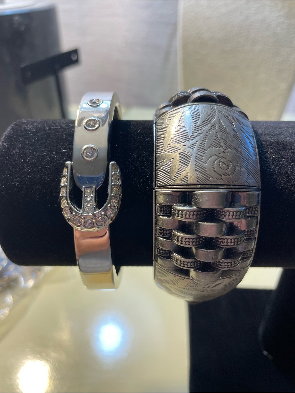 Crystal Buckle Silver-Tone Bangle & Etched Silver Bracelet Set